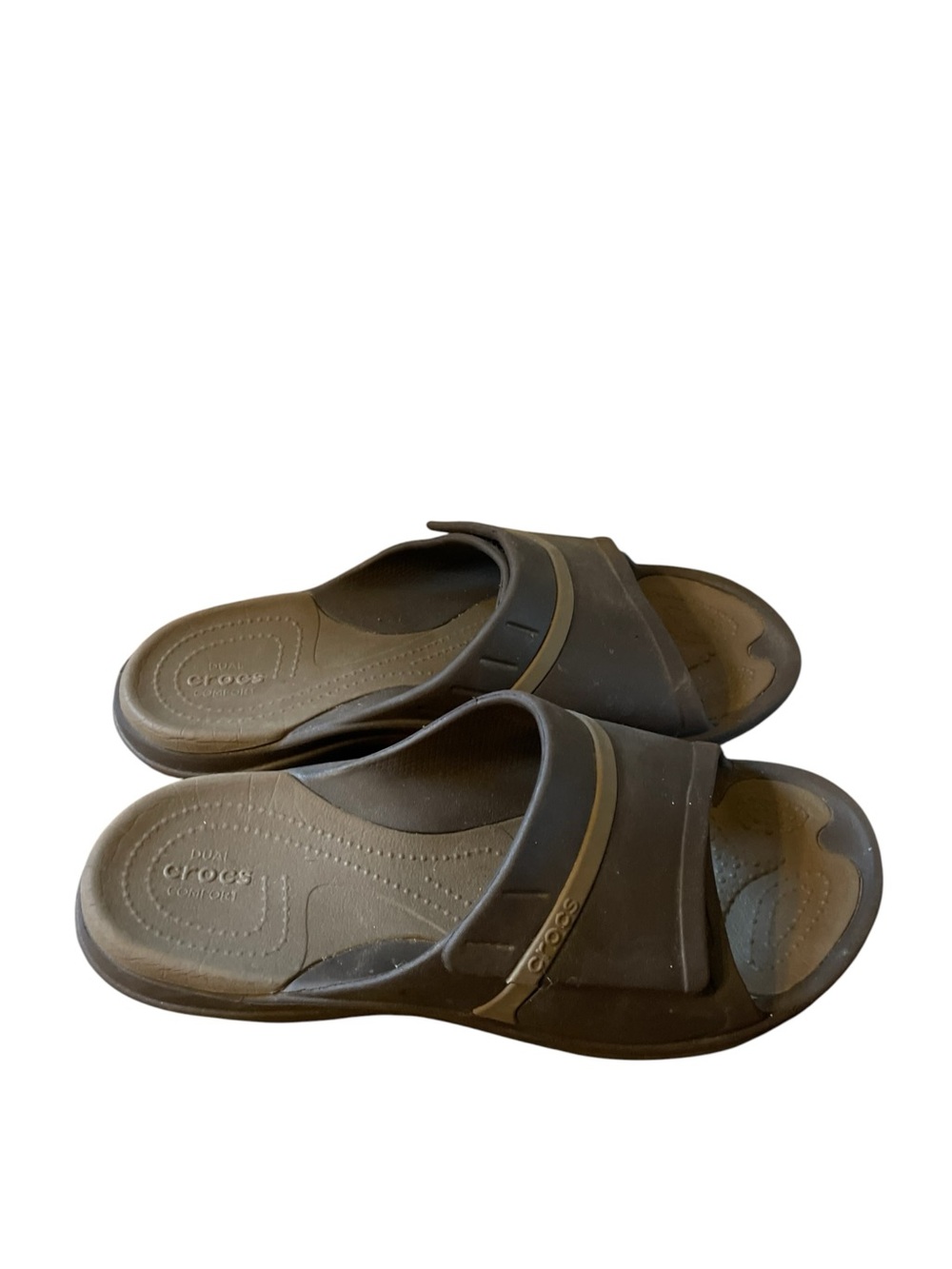 I2 - CROCS Men's 7 Women’s 9 Brown Slide Sandals with Tan Accent